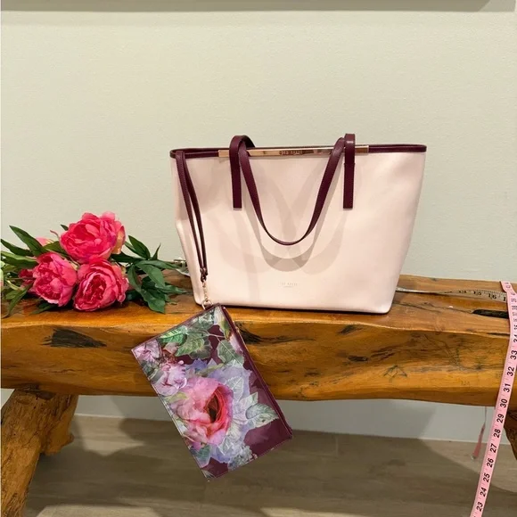 Ted Baker London Pink and Burgundy Floral Tote Bag Rose Gold Accents - Picture 9 of 16